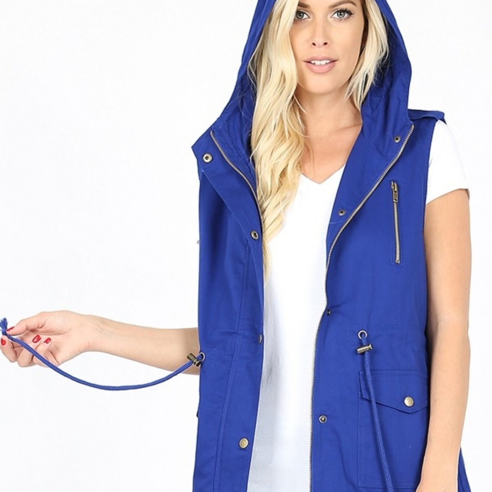 DRAWSTRING WAIST MILITARY HOODIE VEST WITH POCKET